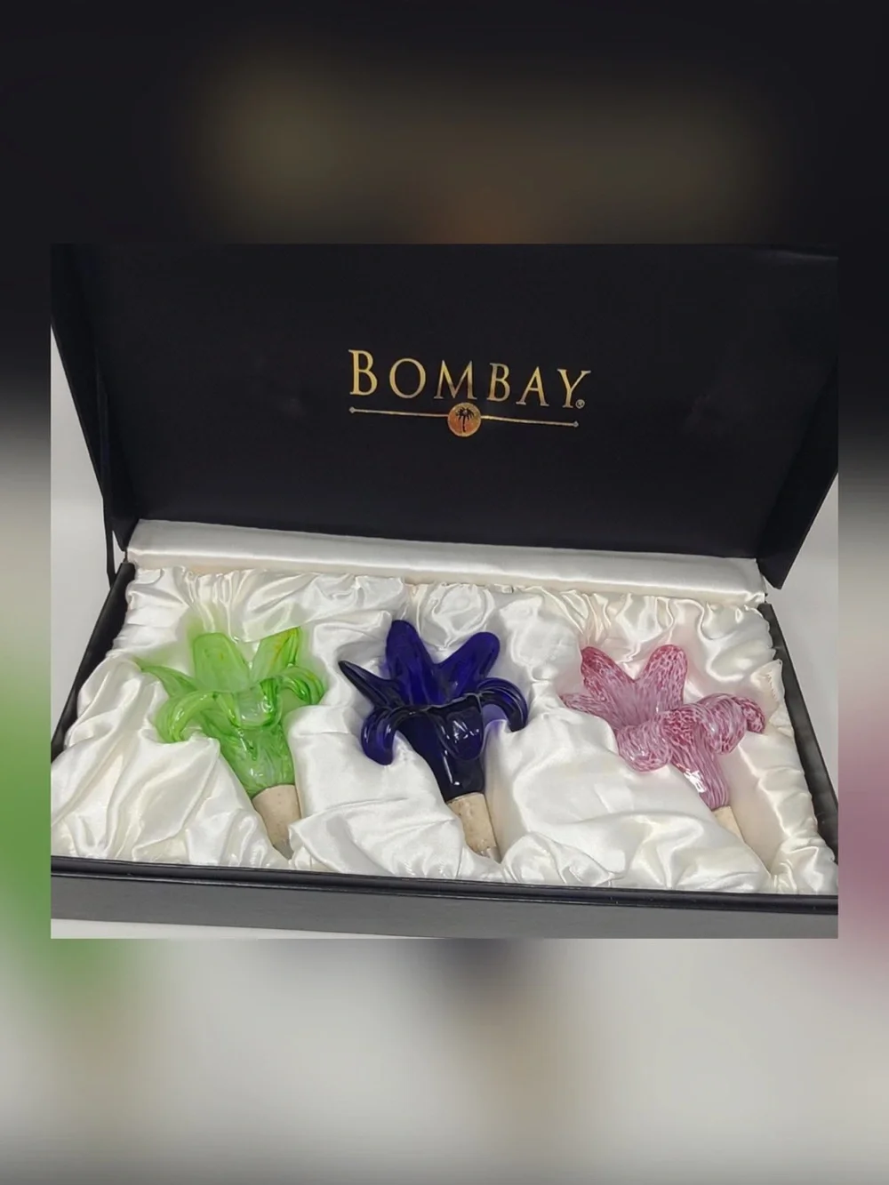 Bombay Hand-Blown Glass Flower Bottle Stoppers — Green, Blue, Pink